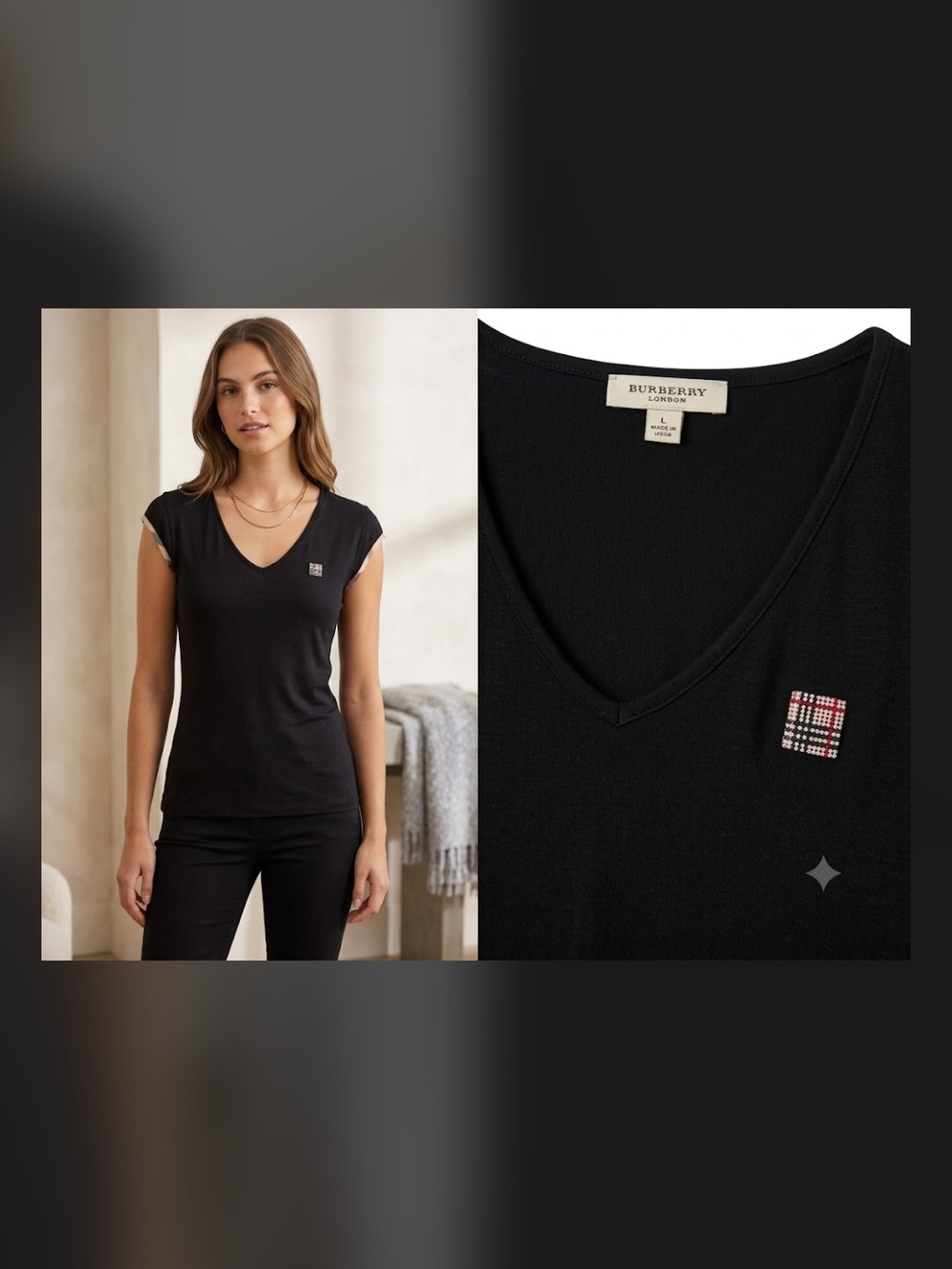 Similated Burberry Black V-Neck Tee with Small Check Patch